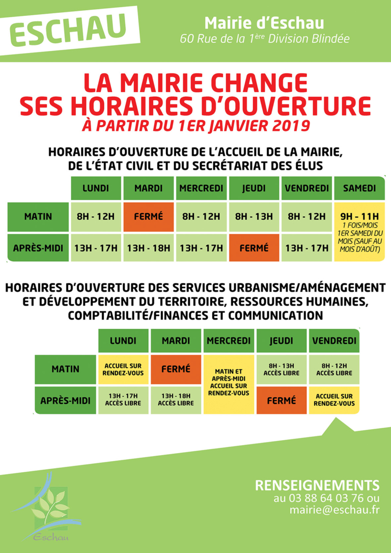 Horaire mairie Affiche aux administrés web Commune d Eschau